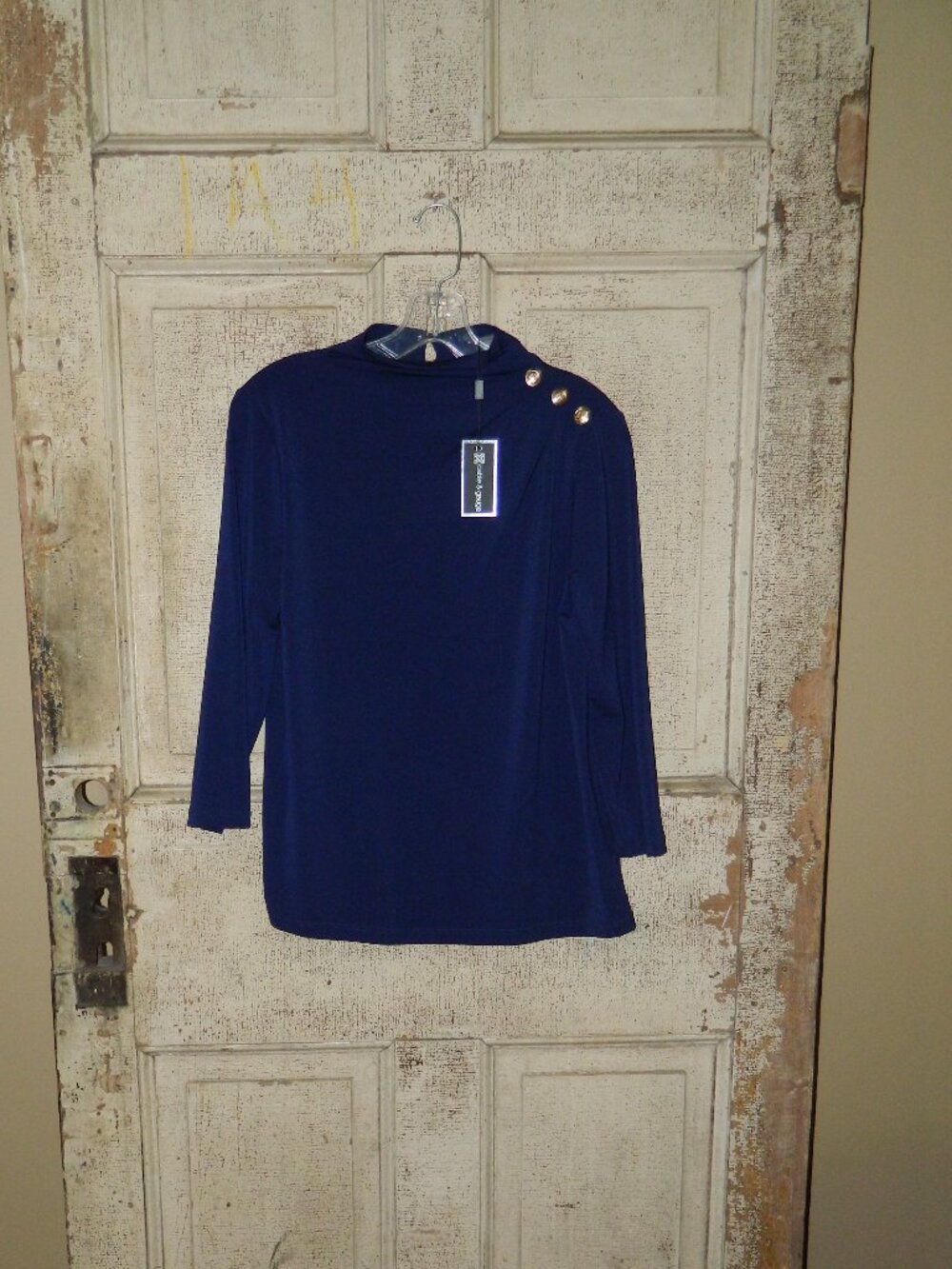 Cable & Gauge Mock High Neck Pleat Button Design Blouse Sz M (YY-4)